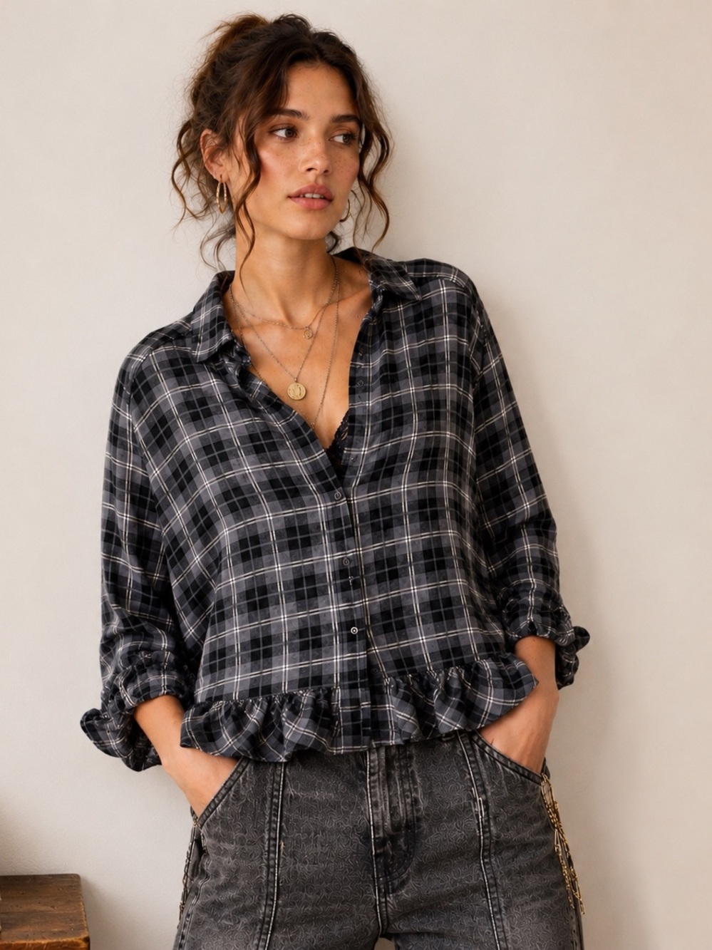 STANDARD GRACE Lyocell Plaid Ruffle Hem Button Front Blouse Boho Indie